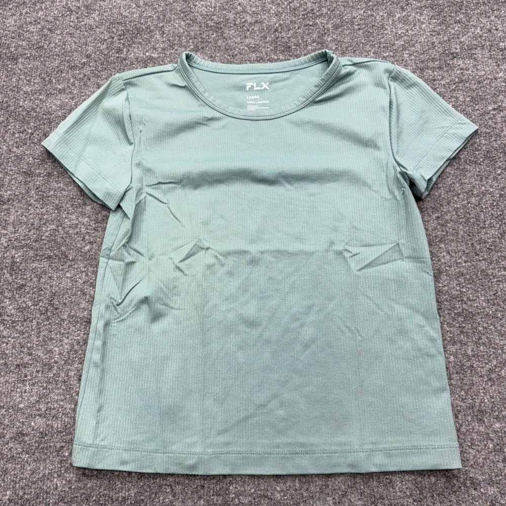 FLX Women Large Sage Green Ribbed Short Sleeve Active Outdoor Training Top